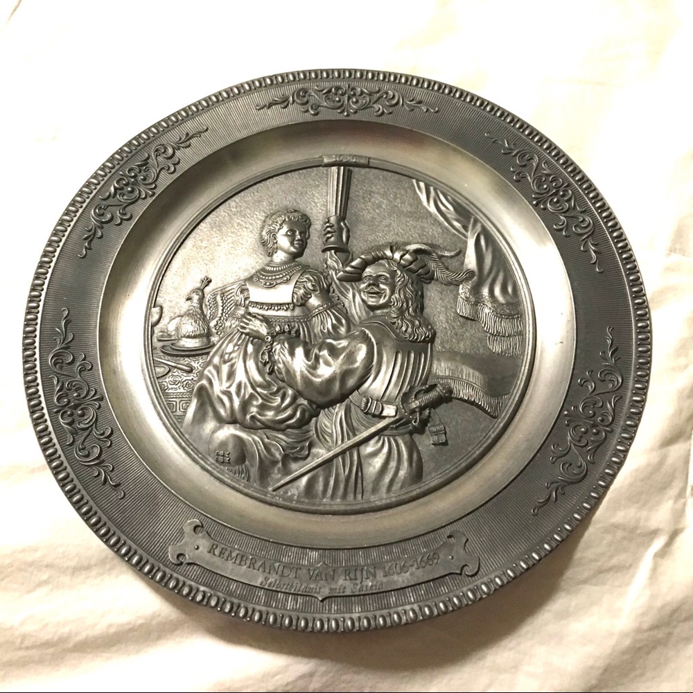 GERMAN PEWTER Hanging Plate Rembrandt and Lady